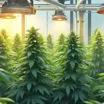 Culture intérieure de plantes de cannabis Orange Cookies sous éclairage horticole.
