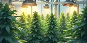 Culture intérieure de plantes de cannabis Orange Cookies sous éclairage horticole.