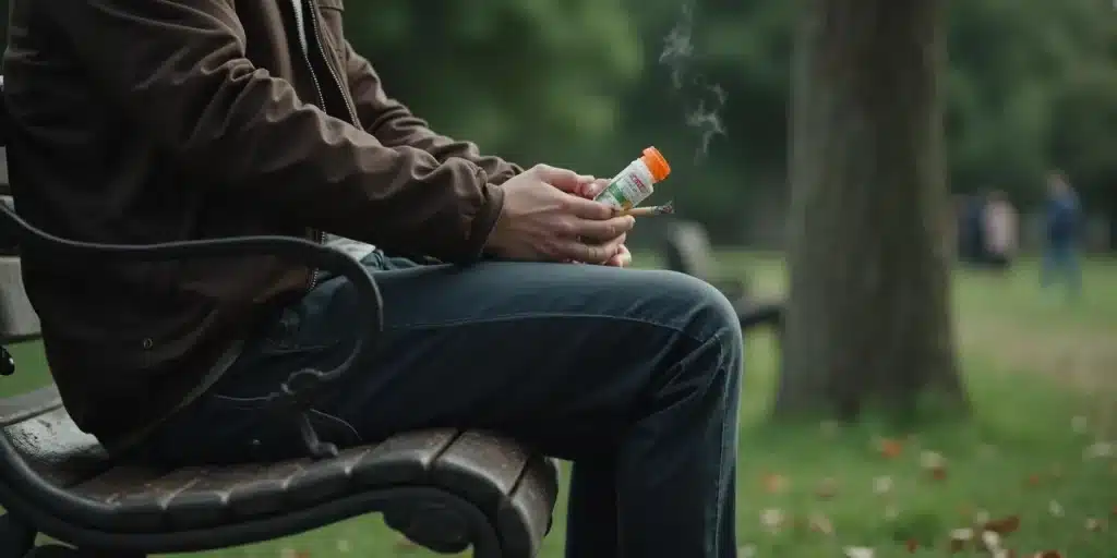 Homme sur un banc avec médicament et cigarette allumée.