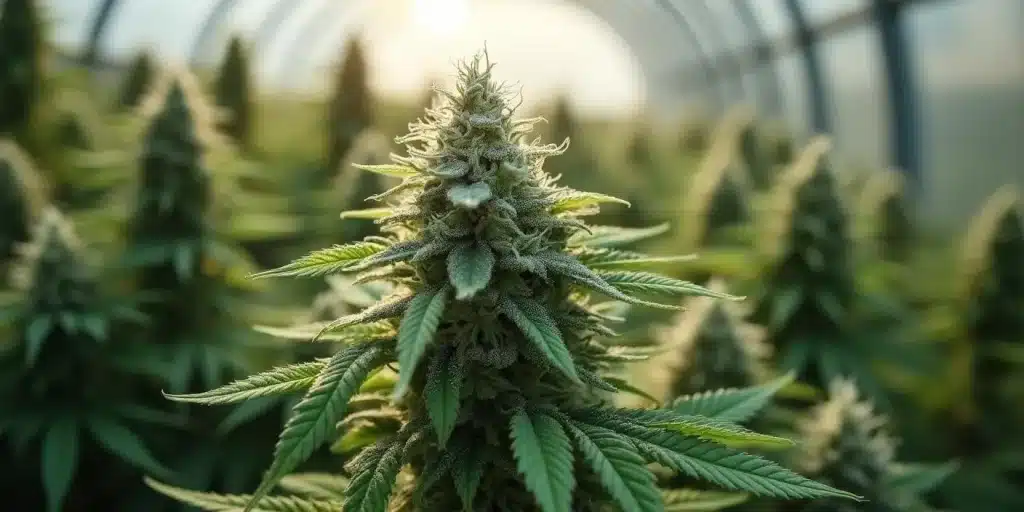 Tête de cannabis en serre montrant trichome laiteux mais pistil blanc sous lumière naturelle diffuse.