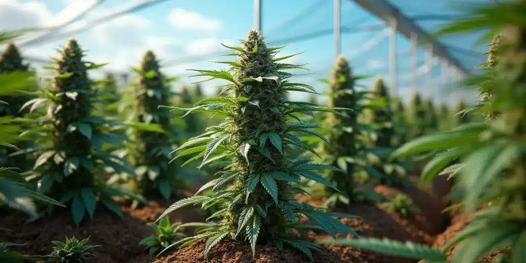 Plante de Cement Shoes en floraison extérieure sous serre, avec têtes denses et résineuses.