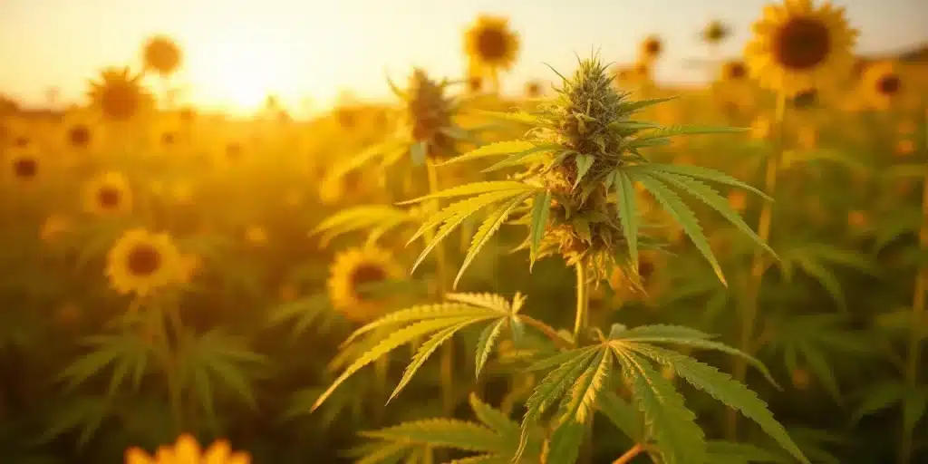 Plante de cannabis avec feuilles jaunes dans un champ de tournesols.