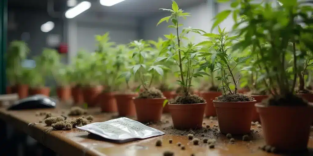 Plants de Cement Shoes en croissance intérieure sur une table avec sachet de graines visible.