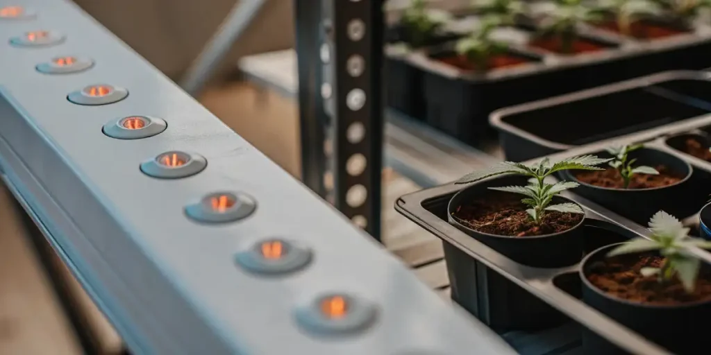 Jeunes plantules de cannabis cultivées en pots noirs sous lumière LED bleue dans une chambre de culture intérieure.