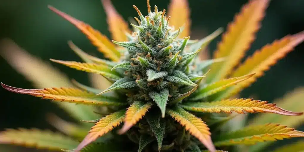 Super Lemon Haze en floraison avancée avec feuilles teintées d’orange.