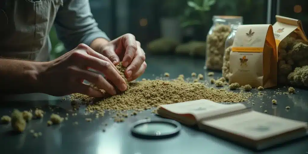 Tamissage artisanal de kief de Glookies avec emballage.
