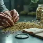 Tamissage artisanal de kief de Glookies avec emballage.