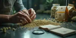 Tamissage artisanal de kief de Glookies avec emballage.