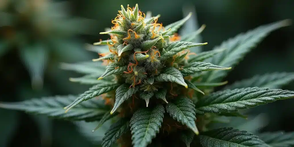 Tête de Black Widow avec pistils orange et trichomes visibles.