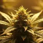 Tête de cannabis 24k Gold en floraison dense sous lumière chaude en intérieur.