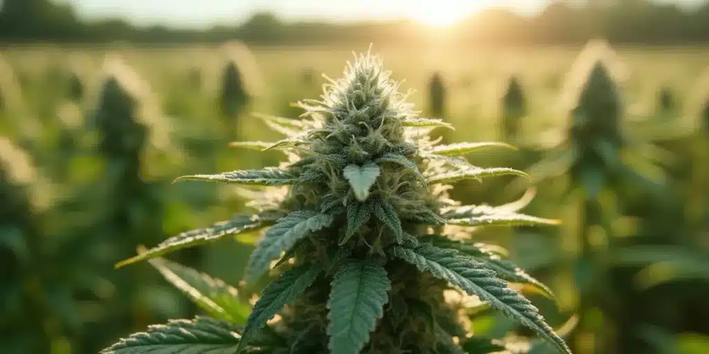 Tête de cannabis en extérieur avec trichome laiteux mais pistil blanc sous lumière dorée du coucher du soleil.