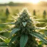 Tête de cannabis en extérieur avec trichome laiteux mais pistil blanc sous lumière dorée du coucher du soleil.