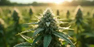 Tête de cannabis en extérieur avec trichome laiteux mais pistil blanc sous lumière dorée du coucher du soleil.