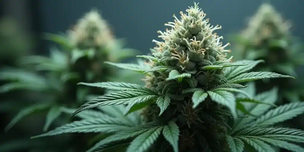 Une tête de cannabis en intérieur avec trichome laiteux mais pistil blanc sur fond sombre.