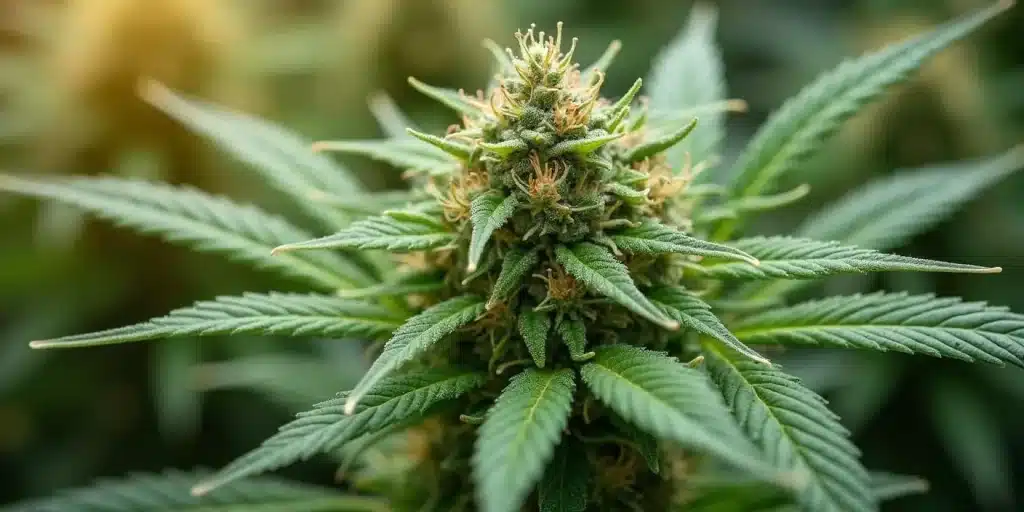 Tête dense de Super Lemon Haze avec trichomes visibles et feuilles vert vif.