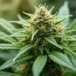 Tête dense de Super Lemon Haze avec trichomes visibles et feuilles vert vif.