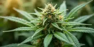 Tête dense de Super Lemon Haze avec trichomes visibles et feuilles vert vif.