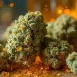 Têtes de cannabis recouvertes d’extrait brillant de BHO sur fond décoratif.