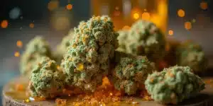 Têtes de cannabis recouvertes d’extrait brillant de BHO sur fond décoratif.