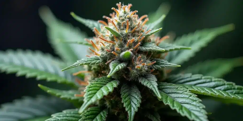 Fleur de cannabis Glookies montrant une abondance de trichomes et des pistils orange vifs.