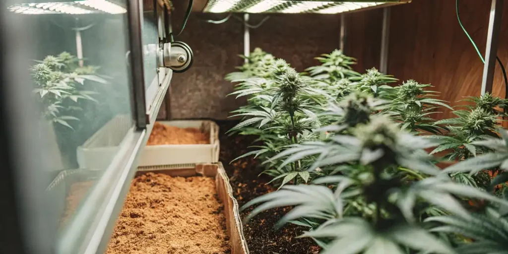 Cannabis plants maturing under artificial lights in a reflective indoor grow room setup.