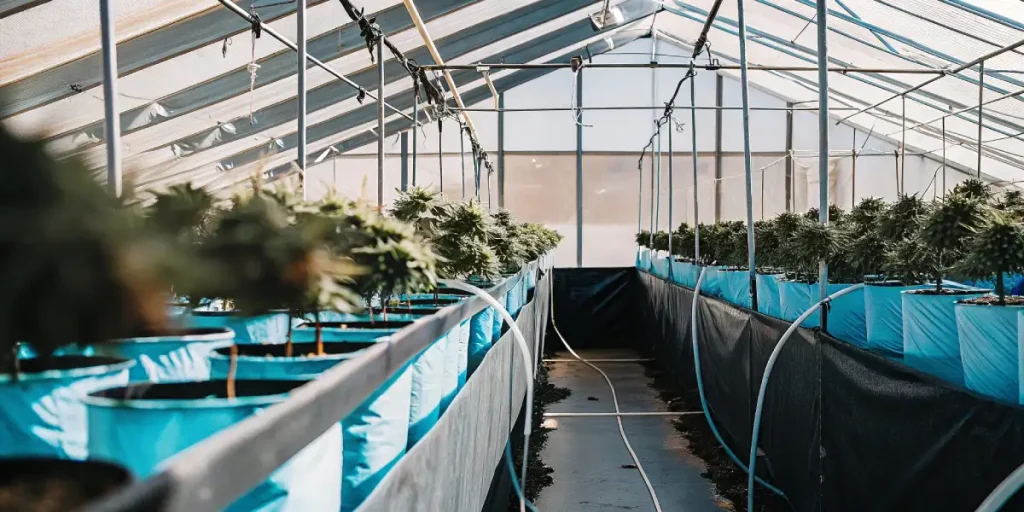 rows of cannabis plants growing in an automated greenhouse