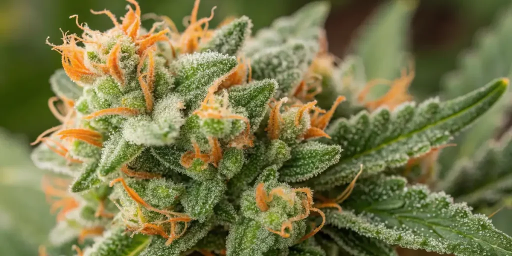 macro shot of Bubble Gum Sherb cannabis bud covered in trichomes and orange pistils