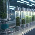 Machine d'extraction de cannabis traitant des bourgeons dans des tubes transparents sous des lumières vives.