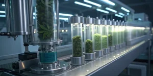 Machine d'extraction de cannabis traitant des bourgeons dans des tubes transparents sous des lumières vives.