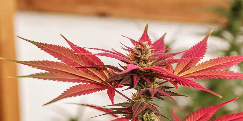 plante de cannabis aux feuilles rouges vibrantes et bourgeon central dense