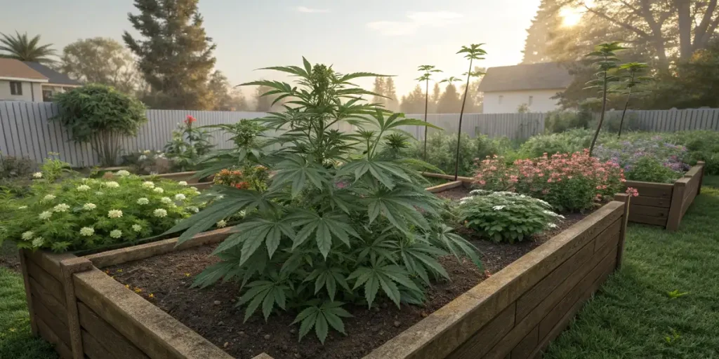Lush cannabis plant growing in a raised garden bed surrounded by flowers in a backyard.