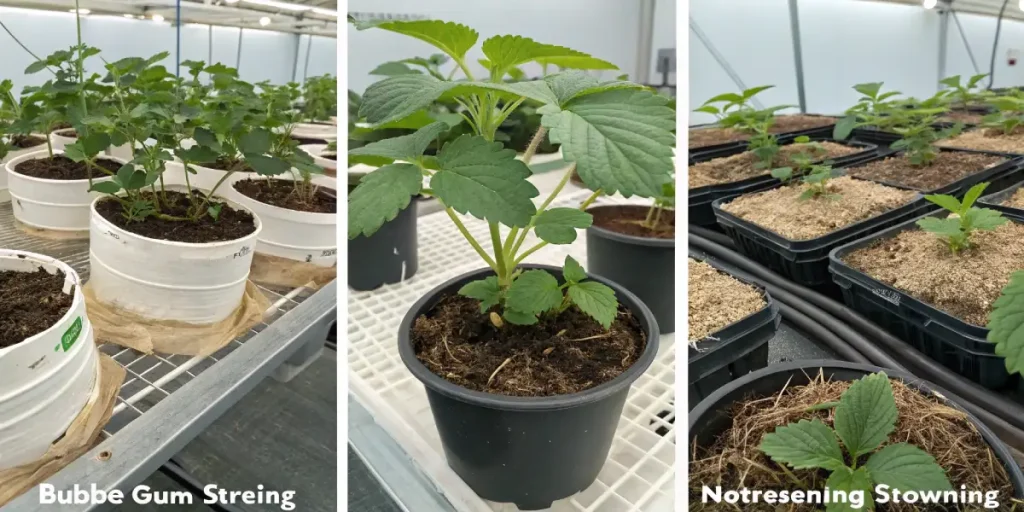 side-by-side view of cannabis seedlings in pots labeled with strain names