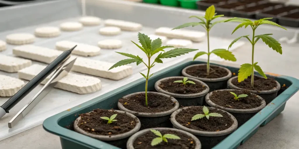 Cannabis seedling tray with young plants in soil pods and germination tools on a laboratory surface.