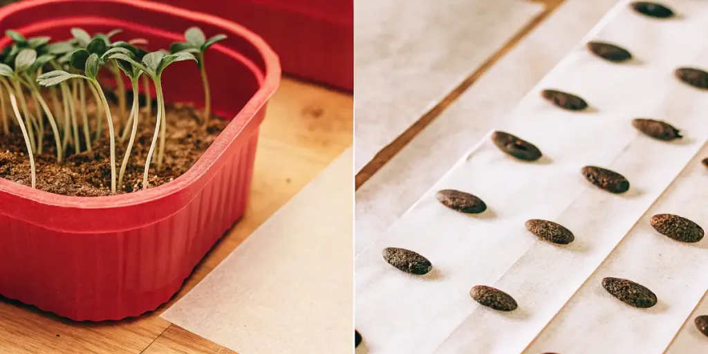 Young cannabis seedlings in a red container beside germinating seeds on paper towels