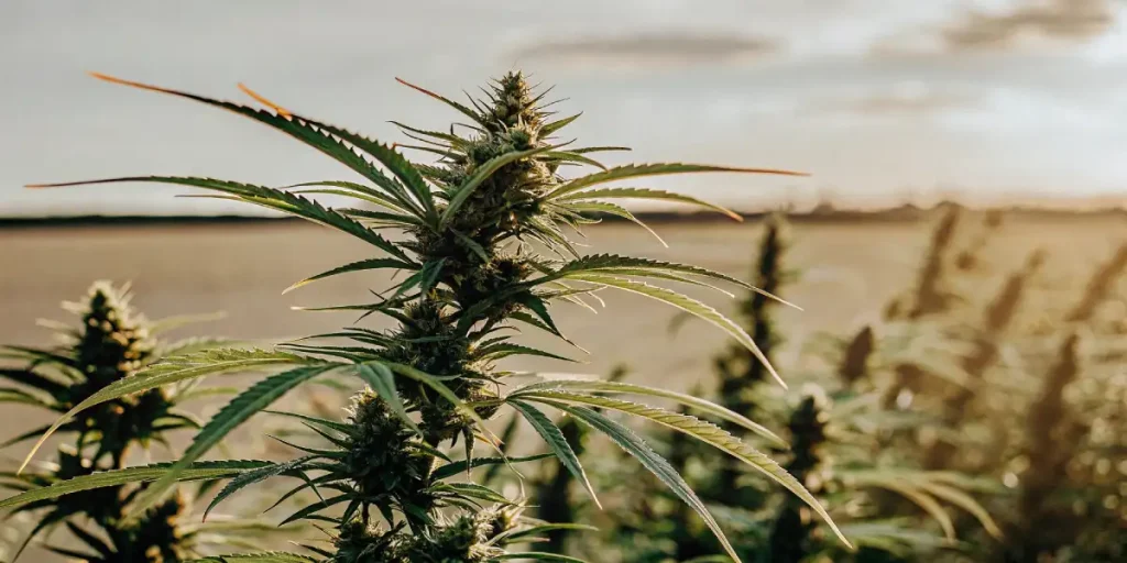 Young cannabis plants in black pots under white grow lights inside a blue-lined tent.