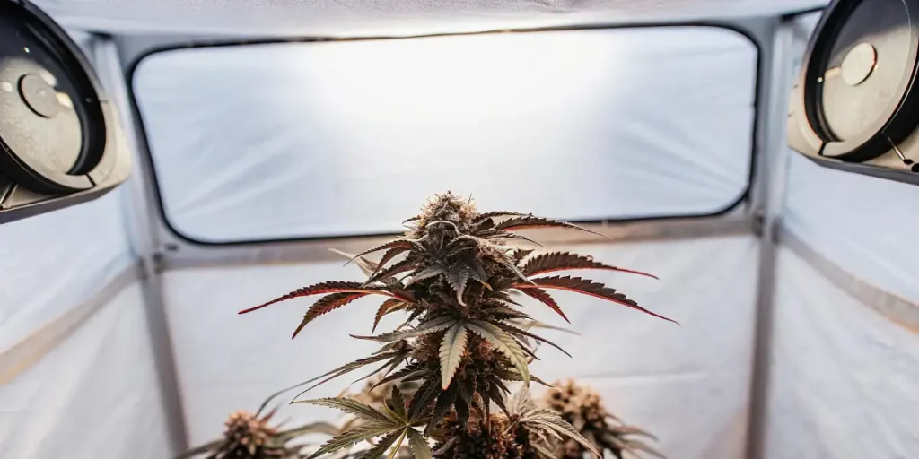 Colorful cannabis cola with red and green leaves under bright indoor lighting.