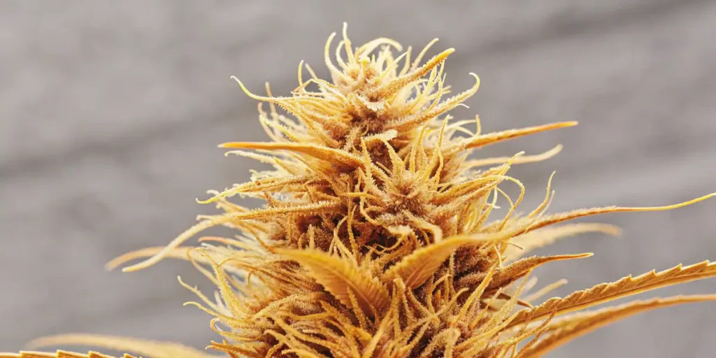 Close-up of a golden-hued cannabis bud covered in resin and trichomes under soft lighting.
