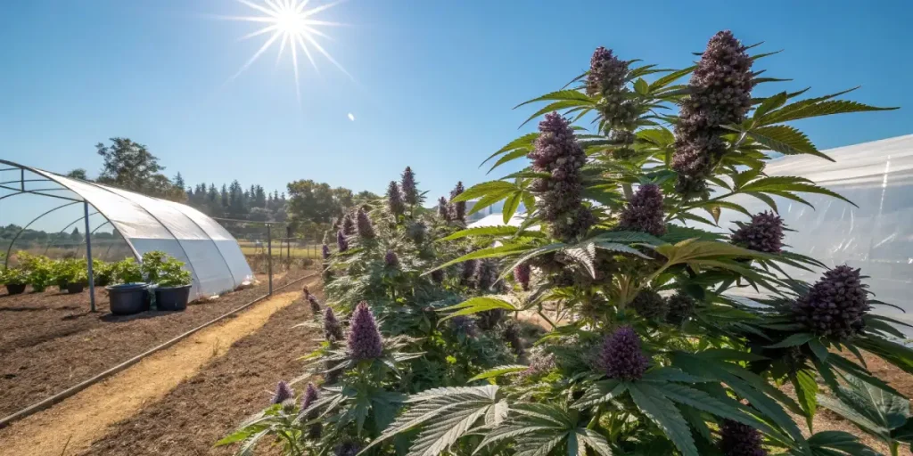 Plantation extérieure de cannabis Blackberry Moonrocks sous un soleil éclatant, avec des têtes violettes luxuriantes près de serres agricoles.
