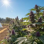 Plantation extérieure de cannabis Blackberry Moonrocks sous un soleil éclatant, avec des têtes violettes luxuriantes près de serres agricoles.