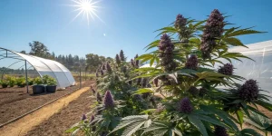 Plantation extérieure de cannabis Blackberry Moonrocks sous un soleil éclatant, avec des têtes violettes luxuriantes près de serres agricoles.