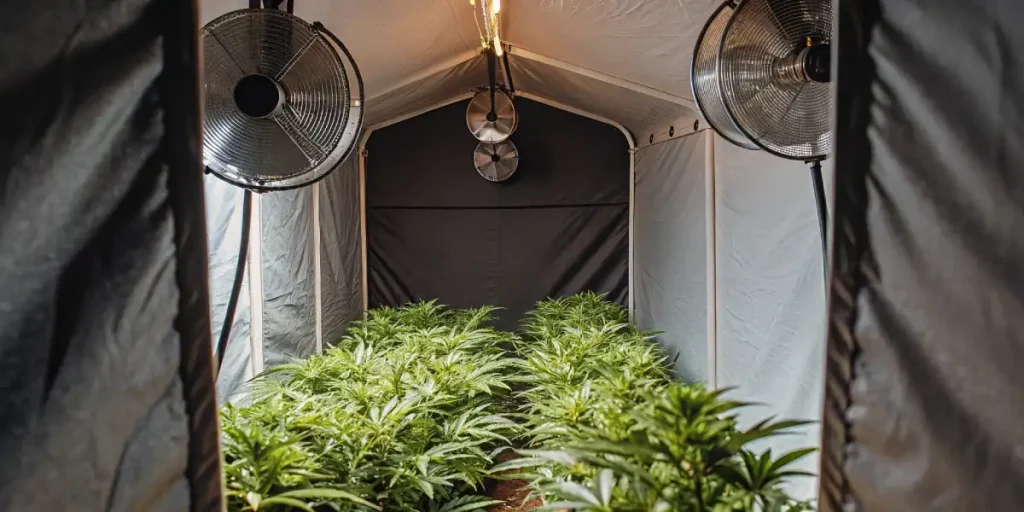 tente de culture intérieure de cannabis avec ventilateurs industriels et plantes en croissance