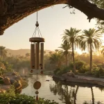 Carillon éolien du désert suspendu à un arbre près d'une oasis au coucher du soleil.