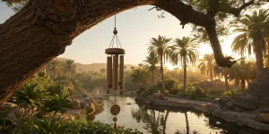Carillon éolien du désert suspendu à un arbre près d'une oasis au coucher du soleil.