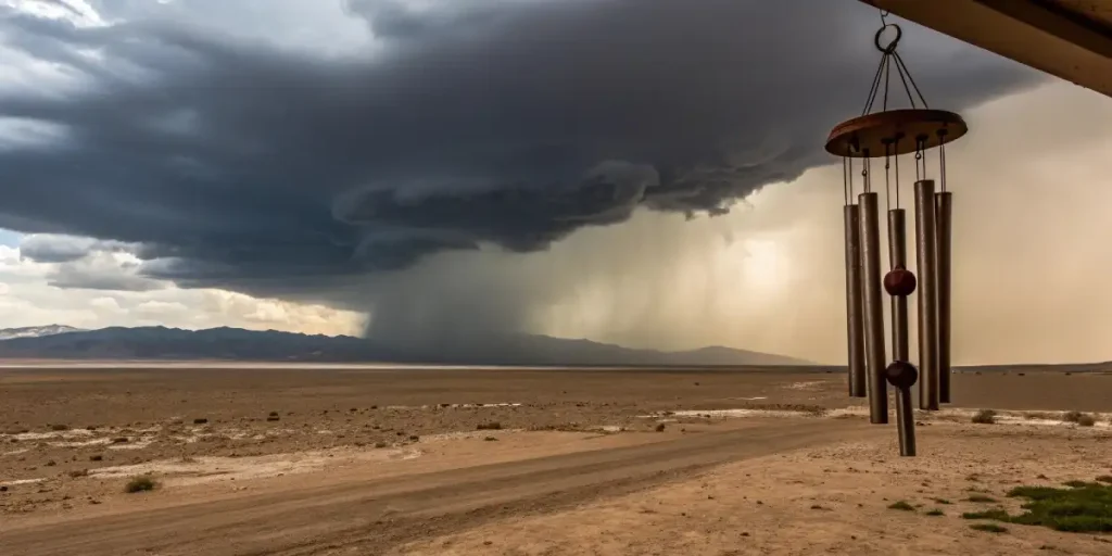 Carillon éolien du désert avec un orage sombre s'approchant à l'horizon.