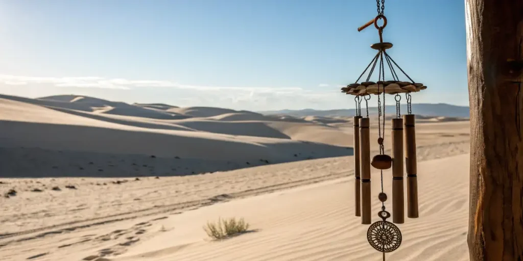 Carillon éolien du désert suspendu devant des dunes ensoleillées sous un ciel bleu clair.