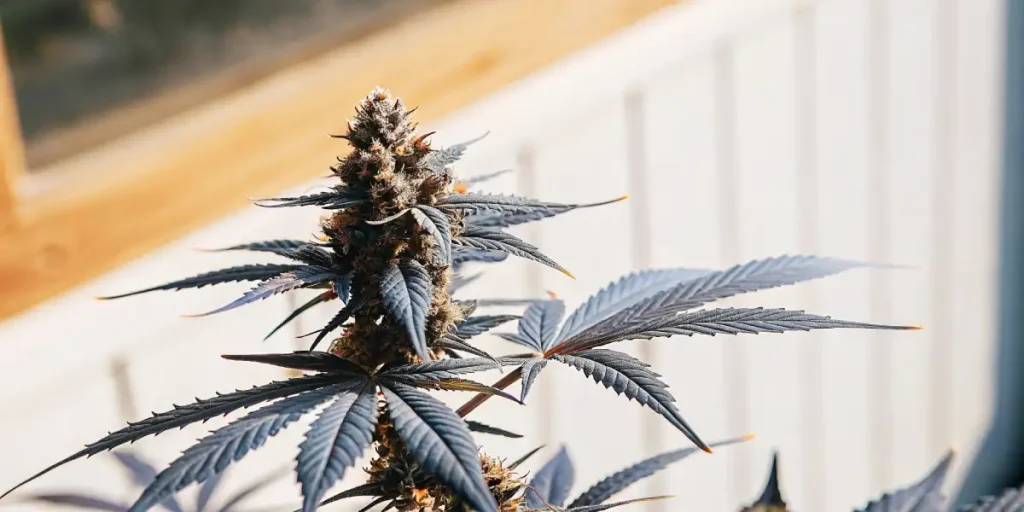tête florale de cannabis mature avec feuilles bleutées sous lumière naturelle
