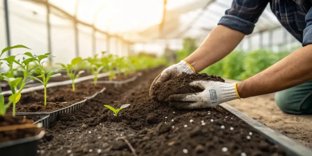 Gardener’s hands mixing rich, dark soil around cannabis seedlings in a greenhouse.