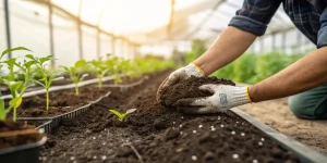 Gardener’s hands mixing rich, dark soil around cannabis seedlings in a greenhouse.
