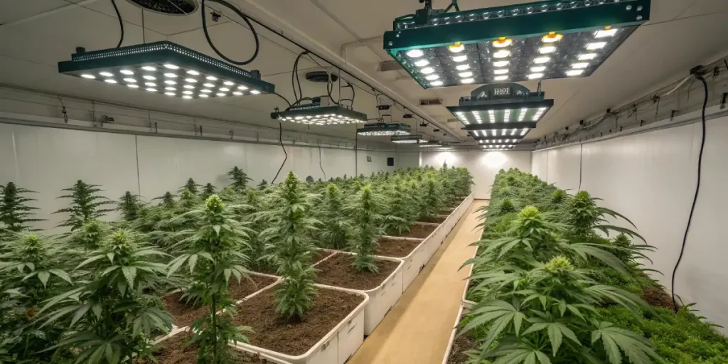 Plantes de cannabis en fleurs sous un éclairage jaune chaud dans une salle de culture intérieure.