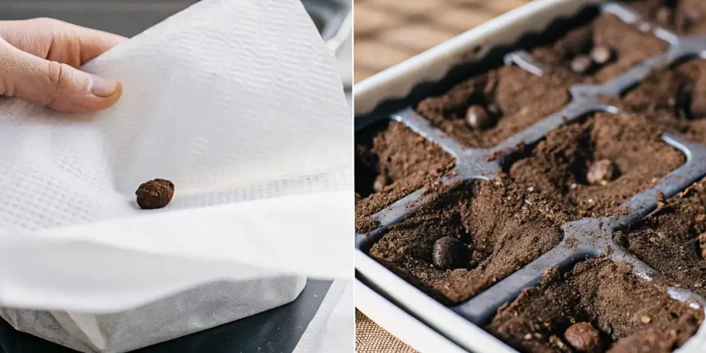 Cannabis seed placed in paper towel and seeds sown in soil trays